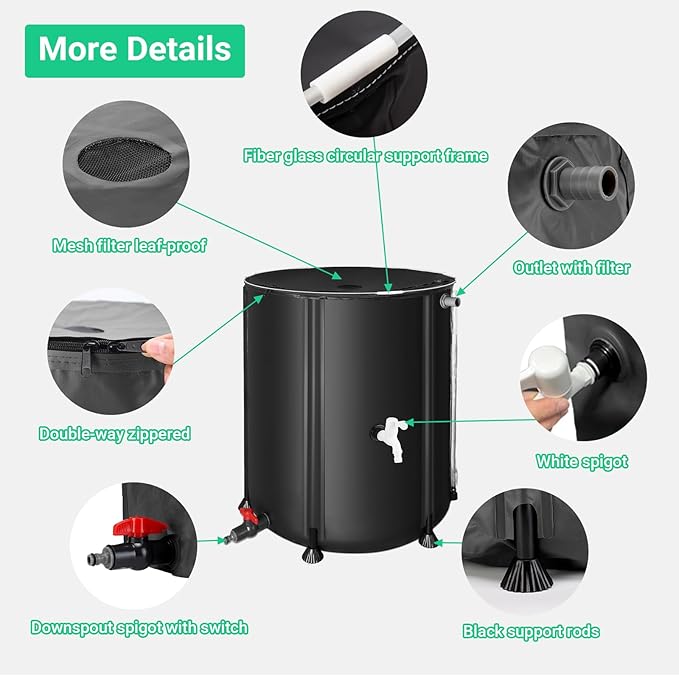 50 Gallon / 200L Collapsible Rain Barrel, Foldable PVC Rain Barrels to Collect Rainwater from Gutter, Portable Water Storage Tank Container with Hose Spigot, Water Catcher Collector Black