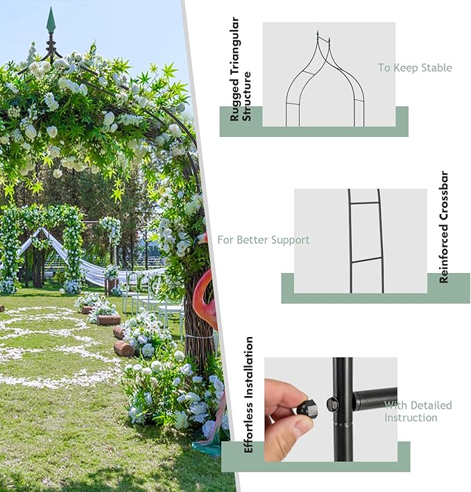 GOFLAME Metal Garden Arch, Rose Garden Arbor for Various Climbing Plant, Outdoor Lawn Backyard, Gothic Style Arch Stand Wedding Party Ceremony Decoration