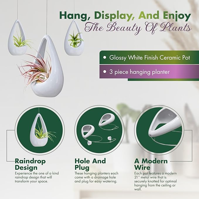 23 Bees, Hanging Air Plant Holder, White Hanger Ceramic Planter, Small Floating Succulent Pots Container, Cactus Holders with Metal Wire, 3 Pack