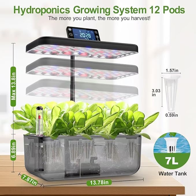 Hydroponic Growing System Kit With Operation Screen + 3 Free Seeds (Lettuce, Salad Mixed, Basil), 12 Pods Indoor Smart Gardening Herb Planter, 24W Full Spectrum LED Grow Light Growing System (Black)