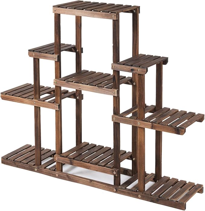 Giantex Flower Rack Wood Plant Stand Wood Shelves Bonsai Display Shelf Indoor Outdoor Yard Garden Patio Multifunctional Storage Rack Bookshelf W/Hollow-Out Rack (47.5”Lx 10’’Wx 38’’H (6 Tier))