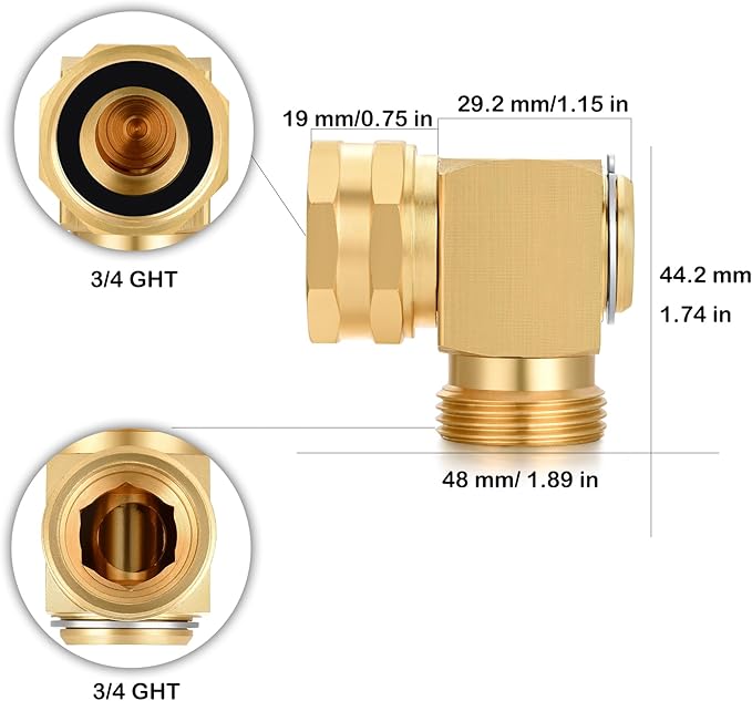 Garden Hose Elbow 90Degree Solid Brass Right Angle 3/4 GHT Swivel Extension Fitting Connector (2 PCS)