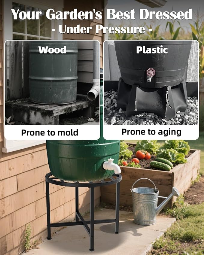 Rain Barrel Stand, Heavy Duty Rain Water Collection Base, Rain Barrel Stand for 45/50/55 Gallon Plastic Outdoor Rain Barrel, Loading 1200lbs for Out Garden, Irrigation, Carbon Steel, Black