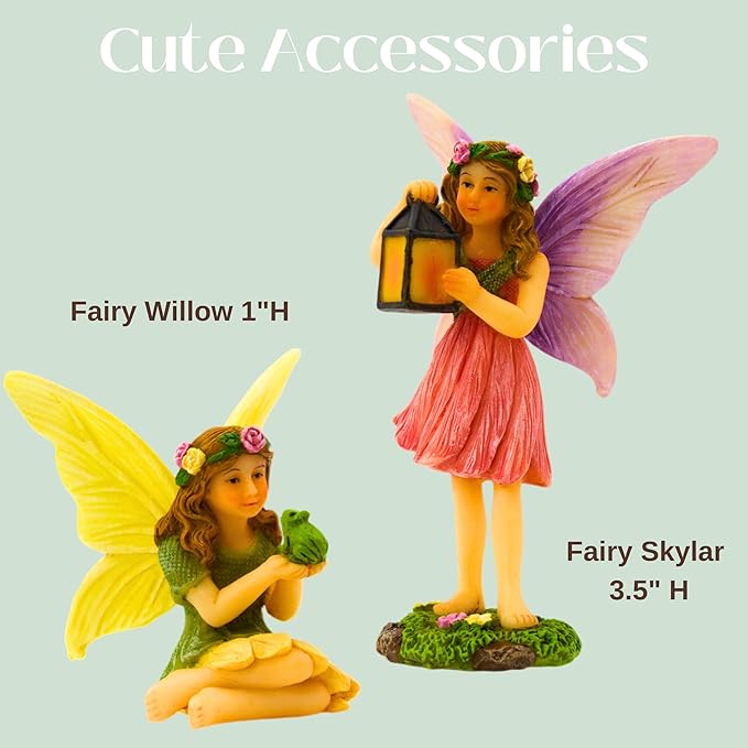 PRETMANNS Fairies for Fairy Garden – Cute Accessories for an Outdoor Miniature Garden with Figurines and a Sign- Colorful Supplies – 3 Piece Set