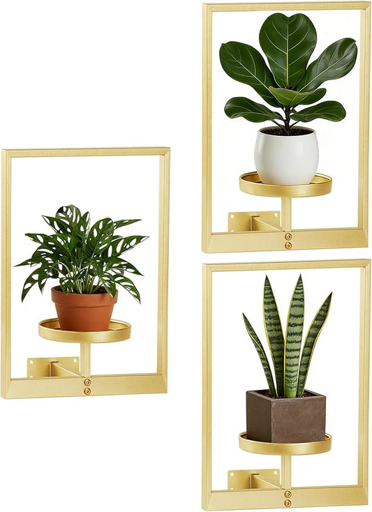 3-piece set of metal plant potted flower racks, heavy-duty flower pot plant racks of different sizes, iron flower racks, suitable for indoor and outdoor home decoration (Wall Planters - Gold - 3pcs)