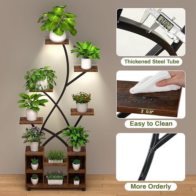 Artswish 63” Plant Stand Indoor with Grow Lights & Wheels, Metal Plant Shelves, 8-Tier Lighted Plant Stands for Multiple Plants, Corner Plant Holder, Metal Flower Rack for Home, Patio, Rustic Brown