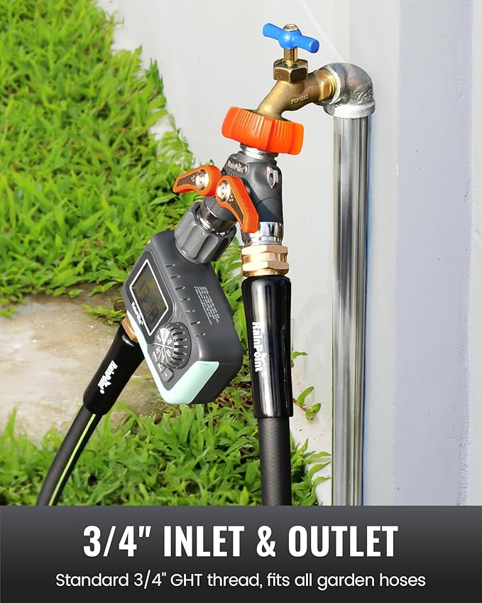 RAINPOINT Garden Hose Splitter, 2 Way Heavy Duty Water Hose Y Spigot Splitter with Shutoff Valves, 100% Metal Body Outdoor Faucet Splitter, 1.9" Extra Long Metal Handle, 3/4" GHT Thread (1, Orange)