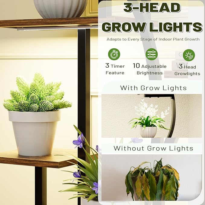 Plant Stand Indoor with Grow Lights, 2 Pack Tiered Indoor Plant Shelf, 65" Tall Plant Rack Flower Display Shelves, S-Shaped Metal Plant Flower Holder with Adjustable Brightness & Timer for Home, Patio