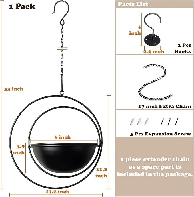 Hajia 1 Pack Moon Shaped Hanging Plant Holder with 8 Inch Detachable Pot, Black Metal Plant Hanger for Indoor Outdoor, Minimalist Hanging Planter for Wall Ceiling Decor.（with Drainage Holes）