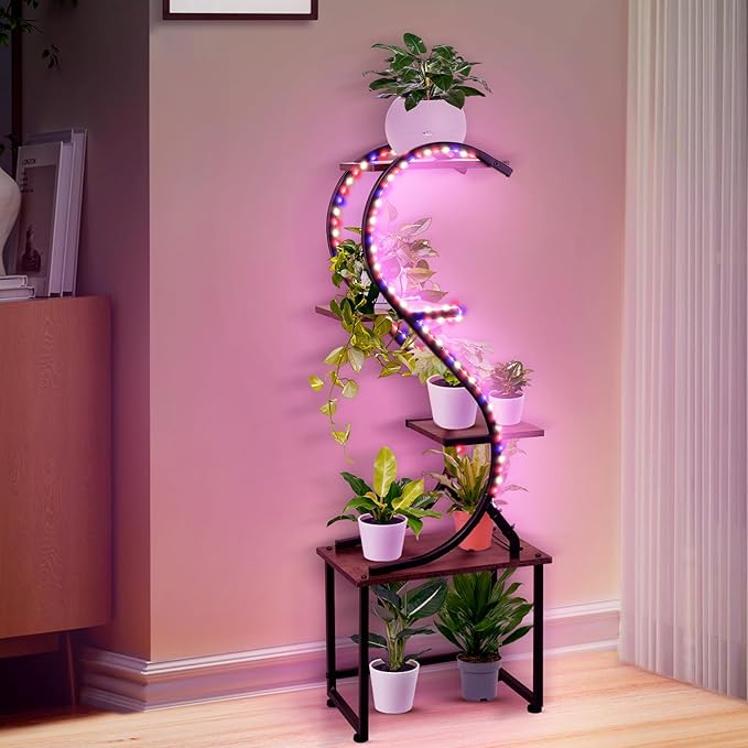 Plant Stand Indoor with Grow Lights - No Visible Cords, 43" Tall Plant Shelf Indoor, 4 Tiered Corner Plant Stands for Indoor Plants, Metal Flower Display Shelves, Lighted Plant Rack for Home Decor