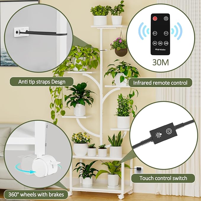 Plant Stand Indoor with Grow Lights, 60" Tall 7-Tier Corner Plant Stand for Indoor Plants Growing, Metal Tree-Shaped Display Rack for Home, Patio - White