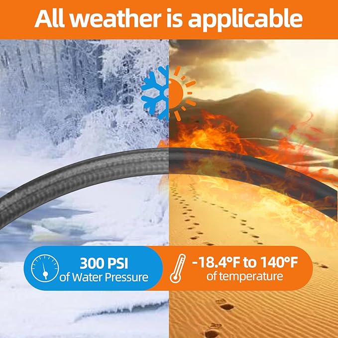 SPECILITE Garden Water Hose 150 ft x 5/8 in Heavy Duty, Flexible and Lightweight, Burst 600 psi, Kink-less Hybrid Rubber Pipe for Backyard, 3/4'' Brass Fittings, Black