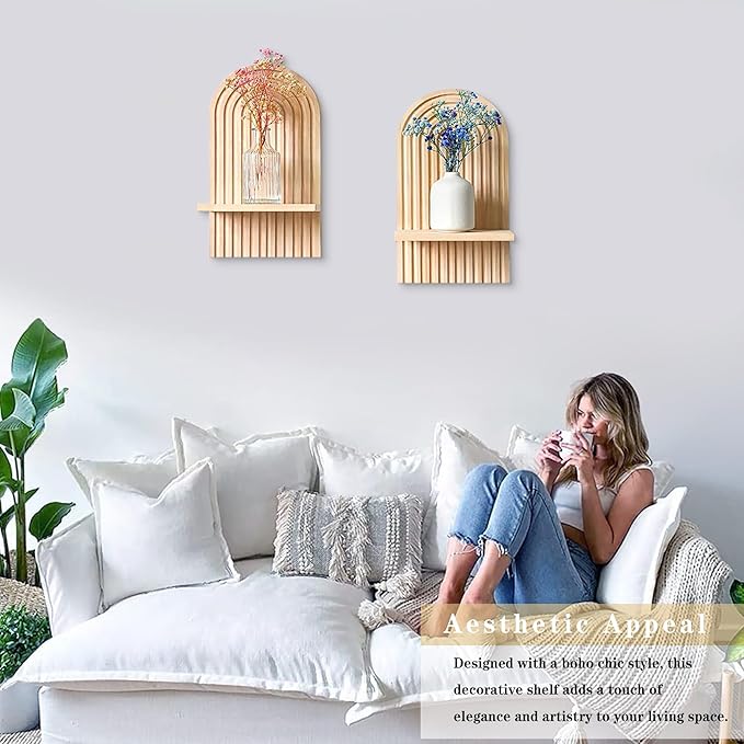 Boho Wall Shelf Set of 2-15 x 8.6 Inch Arched Wooden Hanging Shelves for Living Room & Bedroom - Mid-Century Modern Bohemian Wall Decor (Natural Wood Finish)