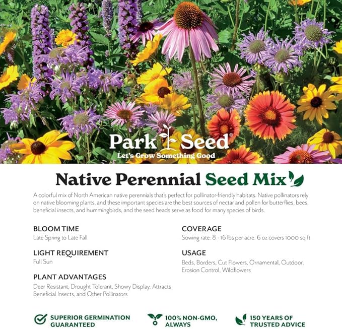 Park Seed Grow Your Own Vibrant Perennial Wildflower Garden Seeds Mixture, Easy to Grow Varieties for Pollinators and Spring Gardens - Native Perennial Mix, 25 lbs