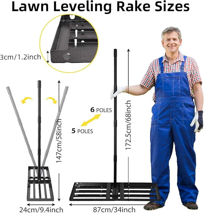 Lawn Leveling Rake Heavy Duty Stainless Steel Landscaping Tool, 34" X 9.4" Yard Leveling Rake with Sturdy Wire Rope Ideal for Backyard, Garden, Golf Course, Farm, Pasture