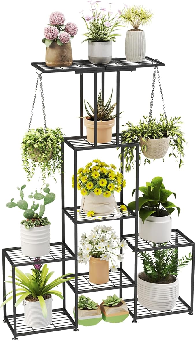 Plant Stand Indoor Outdoor, Metal 6 Tier Tall Hanging Plant Shelf for Multiple Flower Planter Large Heavy Duty Ladder Plant Holder for Garden, Black (y-202)