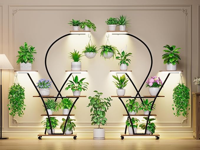 Itaar Plant Stand Indoor with Grow Light, 2-Pack 64" Tall Plant Shelf, 7 Tiered Corner Plant Stand with Wheels, Large Plant Rack Display Shelves, Curved Plant Holder for Living Room, Rustic Brown