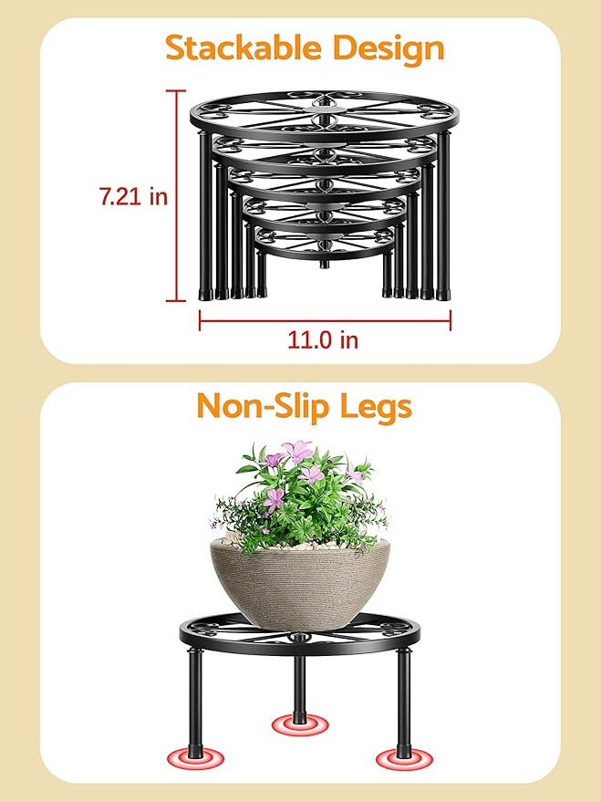 5 Pack Metal Plant Stand Indoor Outdoor,Heavy Duty Flower Pot Stands Holder for Multiple Plants,Round Small Short Pot Plant Stand,Black Potted Plant Holder for Home(DarkGreenFlower)