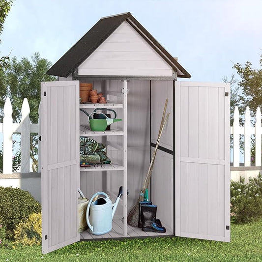 Outdoor Storage Sheds, Wooden Garden Cabinet with Metal Frame and Adjustable Shelves, Large Outdoor Shed with Floor, for Patio, Lawn and Backyard (White)