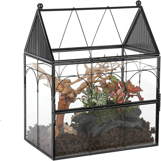 NCYP Glass Enclosure with Vent Holes for Insect, Jumping Spiders - 7.5" x 4.9" x 9" Small Closed Front Opening Door Succulent Terrarium - House Shape Habitat, Home Decor Black (No Plants)