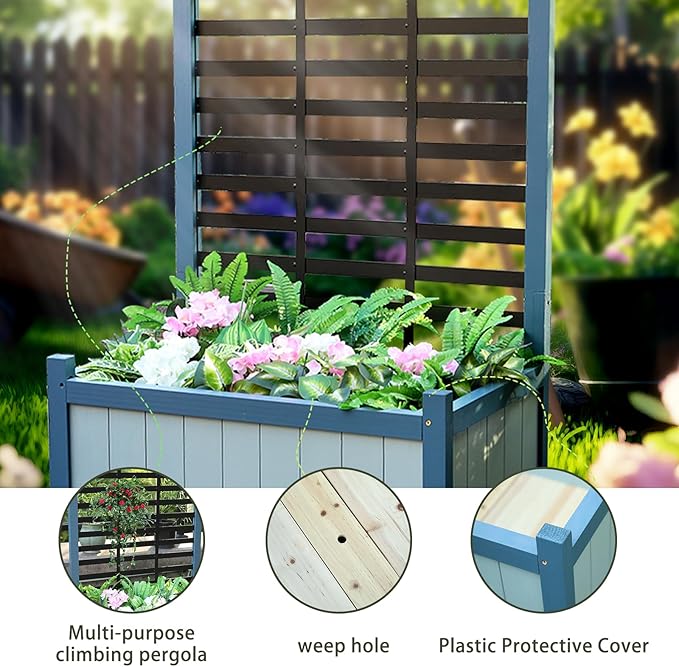 Raised Garden Bed Outdoor, Cedar Wooden Planter Boxes with Trellis, 17.7”L x 16.1”W x 27.6”H Raised Planter Box with Legs for Backyard, Patio, Balcony with Bed Liner (Blue)