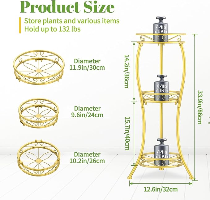 iDavosic.ly 3 Tier Tall Metal Plant Stand Indoor Outdoor, Wrought Iron Corner Flower Pot Holder Shelf, 34 Inch Vertical Display Rack for Patio Porch Living Room Garden, Gold