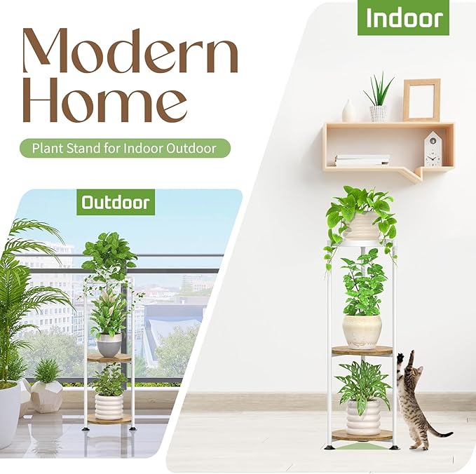 iDavosic.ly 3 Tier Corner Plant Stand Indoor, 34 Inch Tall Vertical Metal Flower Heavy Duty Pot Holder Shelf Outdoor for Patio Porch Living Room, White & Rustic Brown - Round