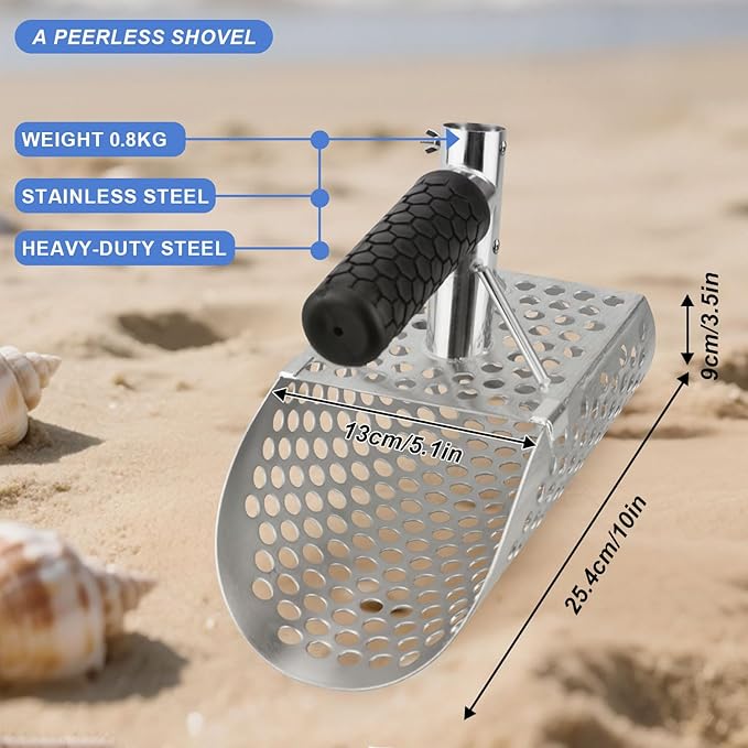 Sand Scoop with Long Carbon Fiber Handle,Heavy Duty Stainless Steel Metal Detecting Sand Scoop,Beach Metal Detecting Shovel for Underwater Treasure Hunting,Beach Sand Sifter Scoop(scoop4)