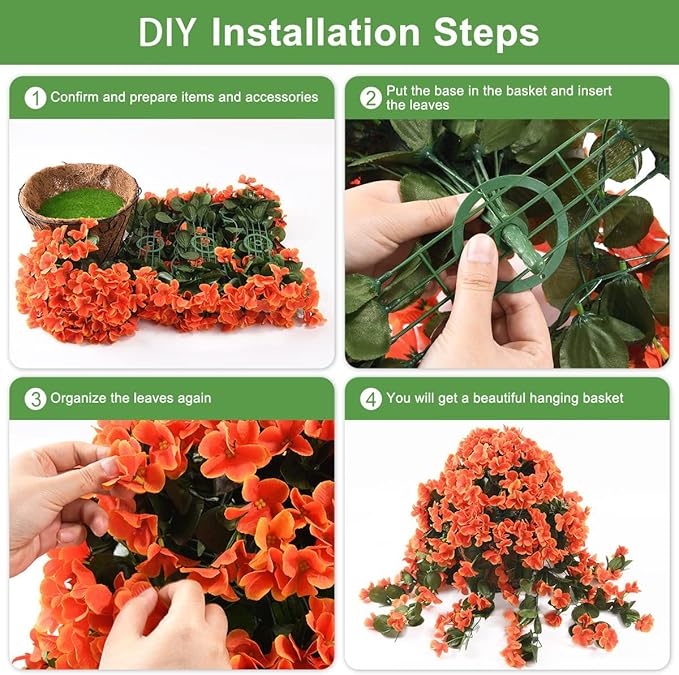INQCMY Artificial Hanging Flowers in Basket for Fall Autumn Outdoor Decor,Faux Silk Orange Begonia in Planter UV Resistant Realistic for Home Outside Porch Garden Patio Yard Decor
