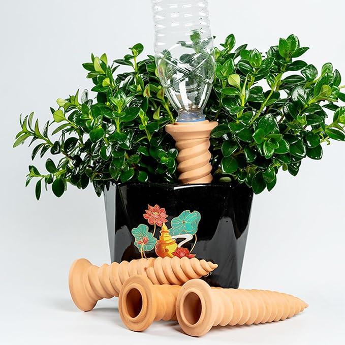Self Watering Planter Insert 4 Pack Terracotta Vacation, 18oz Threaded shaped Watering Spikes Self Watering Devices for Indoor Outdoor Plants Easy To Refill & Maintain with 3 Pcs Mini Garden Tools Set