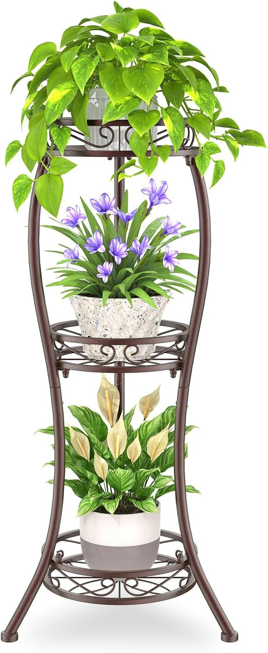 iDavosic.ly 3 Tier Tall Metal Plant Stand Indoor Outdoor, Wrought Iron Corner Flower Pot Holder Shelf, 34 Inch Vertical Display Rack for Patio Porch Living Room Garden, Bronze