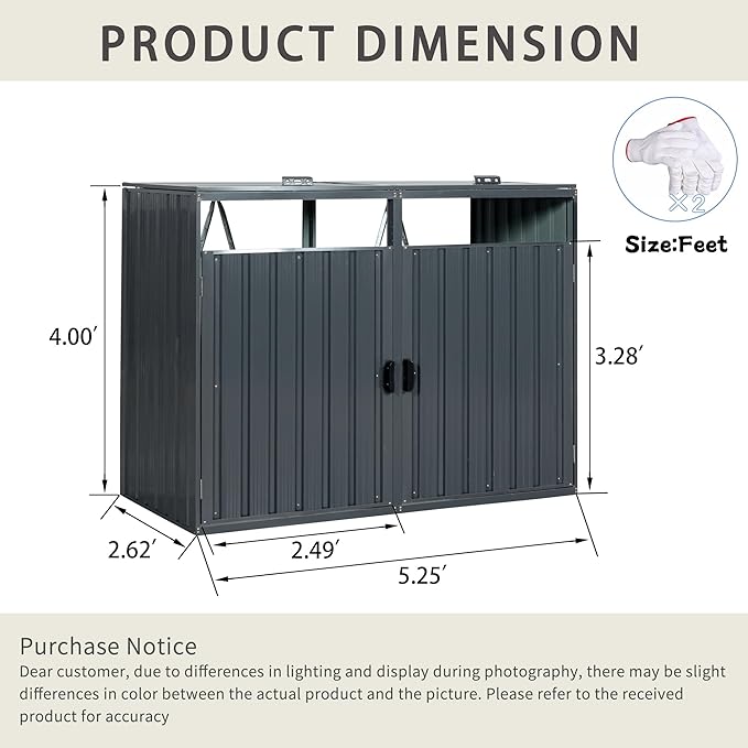 Garbage Bin Storage Shed for 2 Trash Cans Outdoor Metal Enclosure Charcoal Galvanized Steel Garbage Can Holder Hide Utility Bin Shelter Garden Yard