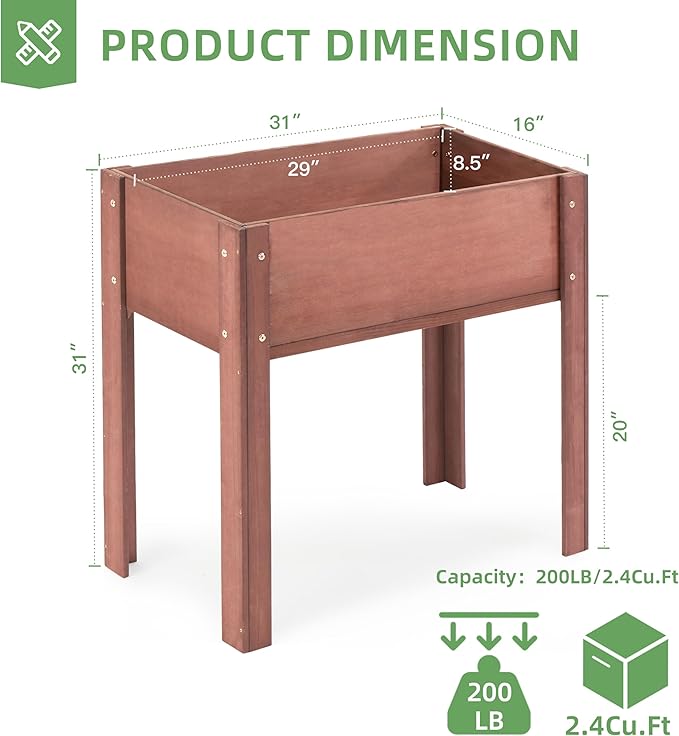 31x16x31 inch Raised Garden Bed with Legs, Elevated Wooden Planter Box for Outdoor Plants Flowers Fruits Vegetable Herb Growing