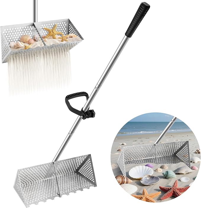 SAN LIKE Sand Scoop for Metal Detecting Stainless Steel Sand Sifter Shovel 52.4in Long Handle Sand Scoop with Shovel for Metal Detecting Sand Sifter for The Beach Sand Flea Rake for Beach