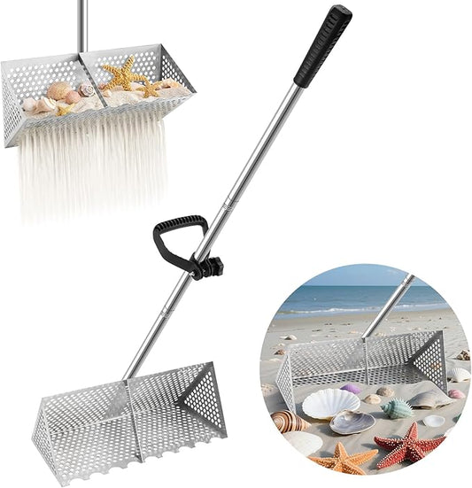 SAN LIKE Sand Scoop for Metal Detecting Stainless Steel Sand Sifter Shovel 52.4in Long Handle Sand Scoop with Shovel for Metal Detecting Sand Sifter for The Beach Sand Flea Rake for Beach