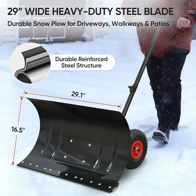 EAGLE PEAK Wheeled Snow Shovel for Driveway, Personal Snow Pusher with Wheels, Adjustable Plow Angle, Ergonomic Handle, Heavy Duty 29.1”x16.5” Blade, Single Rod Plow Shovel, Black