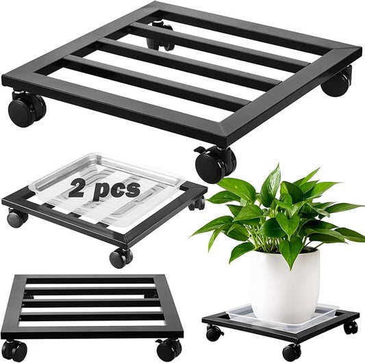 2 Packs 12 inches Large Metal Plant Caddy with PU Wheels Square Planter Dolly Pot Mover Rollers Wrought Iron Rolling Plant Stands Indoor Outdoor Plant Holder Coaster Trolley, Black