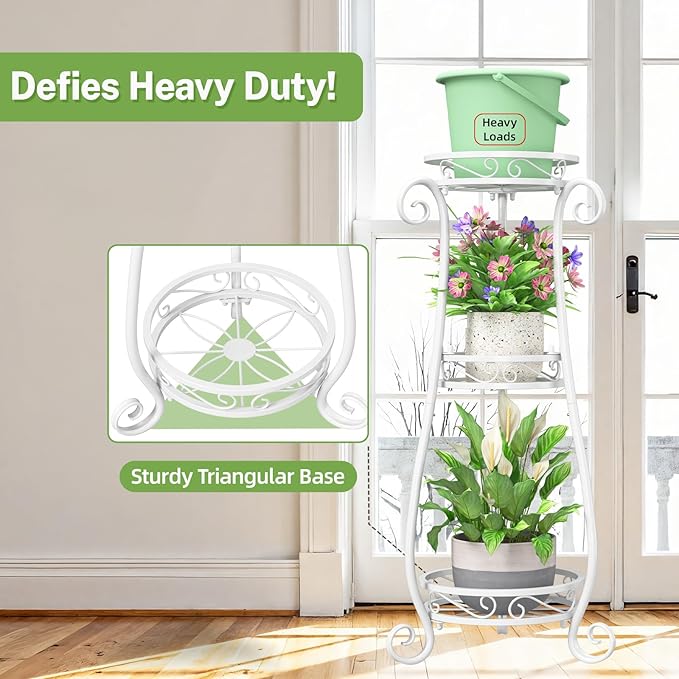 iDavosic.ly 3 Tier Metal Plant Stand Indoor Outdoor, Wrought Iron Corner Tall Flower Pot Holder Shelf, 34 Inch Vertical Heavy Duty Display Rack for Patio Porch Living Room Garden, White