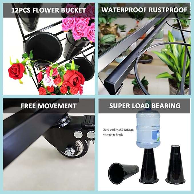FPIGSHS Flower Display Stand, 3 Layers, Black, Metal, Iron, 150 lbs Capacity, 3 Tier, Wheels, Assembly Required