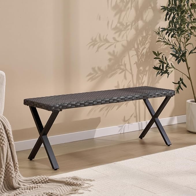 46" Patio Rattan Backless Bench Set of 2, All-Weather Outdoor Bench for Garden Backyard, Porch, or Lawn