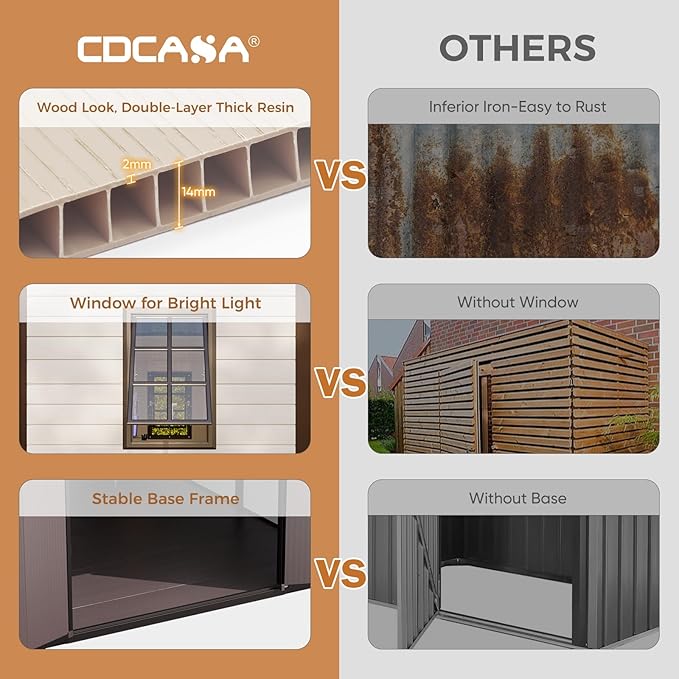 CDCASA 8x8 FT Resin Storage Shed, Waterproof Outside Plastic Storage Sheds with Floor, Adjustable Openable Windows, Lockable Door for Garden Patio Lawn, Brown & Beige