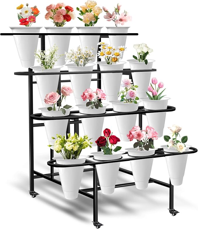 Floral Display Stand with 16 White Flower Baskets, 4-Layers Cart Display Stand with Wheels ,Sturdy Mobile Flower Bouquet Rack for Courtyard, Garden, Flower Shop, with Lockable Rotating Wheels .