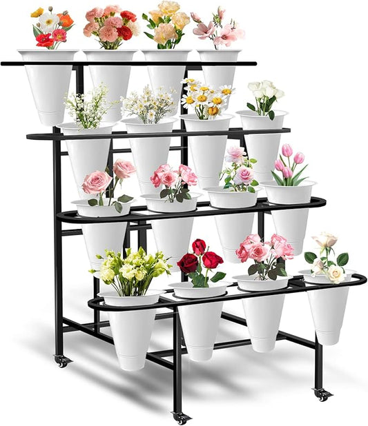 Floral Display Stand with 16 White Flower Baskets, 4-Layers Cart Display Stand with Wheels ,Sturdy Mobile Flower Bouquet Rack for Courtyard, Garden, Flower Shop, with Lockable Rotating Wheels .