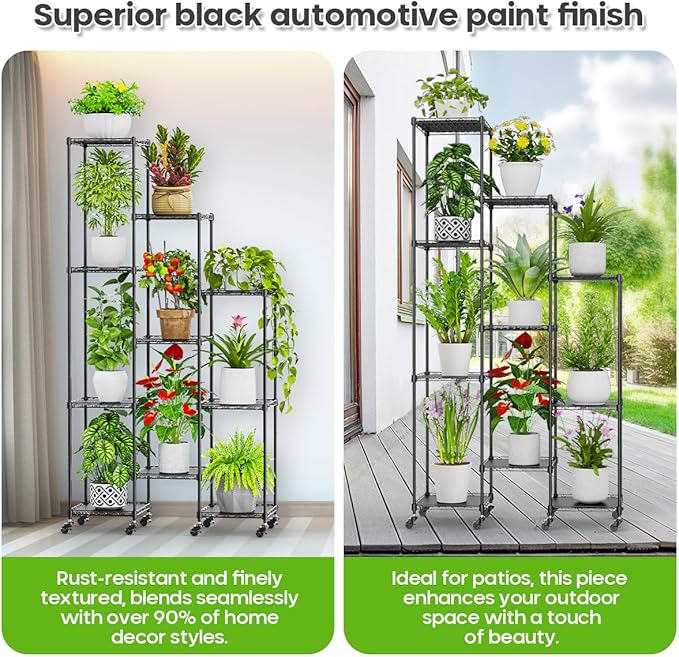 Abimars 74'' Tall Plant Stand with Wheels, Shelf Height Adjustable Metal Plant Shelf for 10 Potted Plants, DIY Assembly Indoor & Outdoor Plant Display Rack