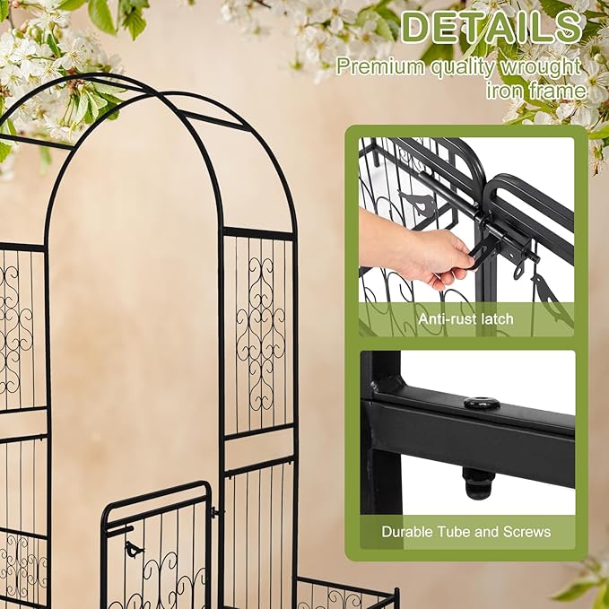 Outvita 7FT Garden Arch Arbor with Entry Door and Plant Frame, Heavy Duty Metal Arbour Archway, Decorative Frame Stand Trellis with Ground Stakes for Wedding Ceremony Party Plant Patio Black