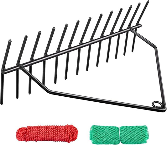 24" Aquatic Weed Rake, No Assembly Required, 8.6" Steel Rod Lake Weed Cutter, One-Piece Welding, Lake Weed Rake for Pond Beach Landscaping, Perfect Tie Hole, 30ft Thicker Rope and Net, Black.
