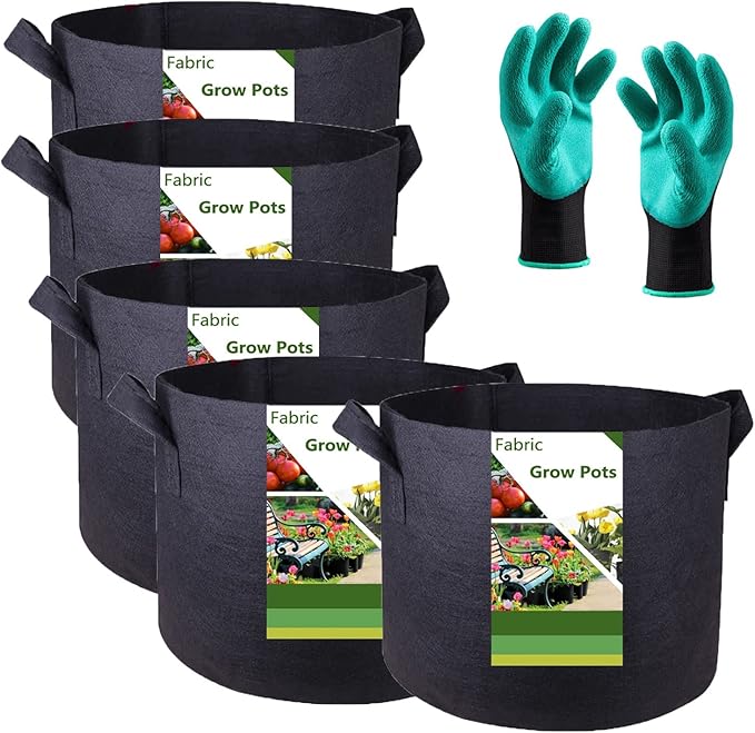 5-Pack 15 Gallon Plant Grow Bags (20x12 inch) Thickened Fabric Plant Pots Garden Bag for Potato,Tomato Planters,Herbs Veggies Planter Bag,Garden Pot,Flower Pot,Barrel Planter,Plant Container W/ Gloves
