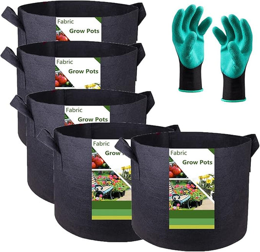 5-Pack 5 Gallon Plant Grow Bags (12x10 inch) Thickened Fabric Plant Pots Garden Bags for Flower Pot,Tomato Planters,Herbs Veggies,Potato Planter Bag,Garden Pot,Barrel Planter,Plant Container W/ Gloves