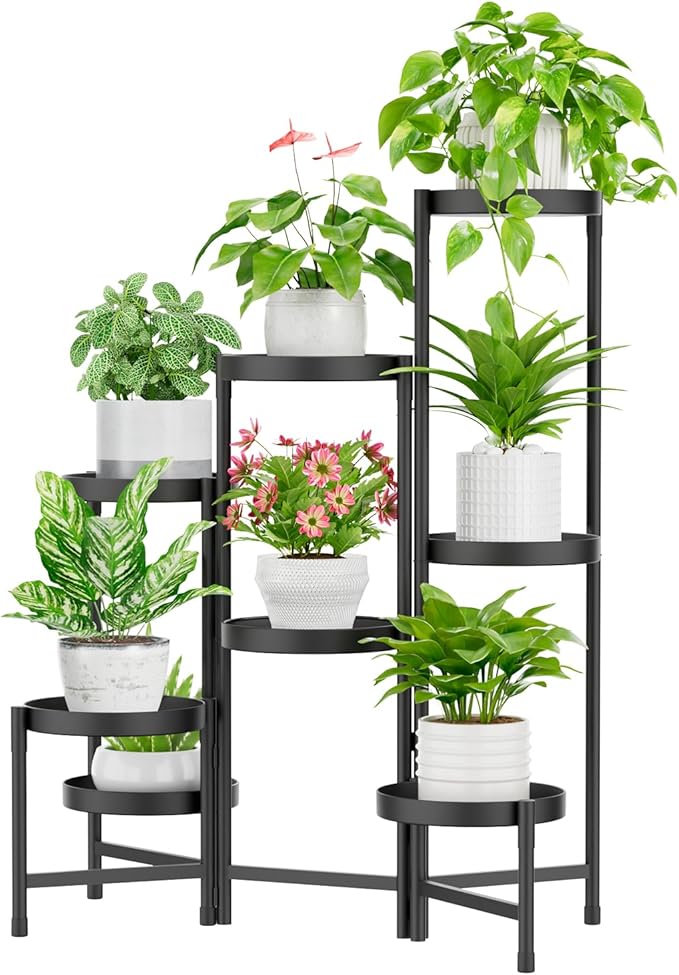 iDavosic.ly Plant Stand Indoor Outdoor, 8 Tier Corner Metal Flower Display Holder Shelf, Easy Assembly Folding Tall Orchid Rack for Patio Balcony Porch Garden Living Room House, Black