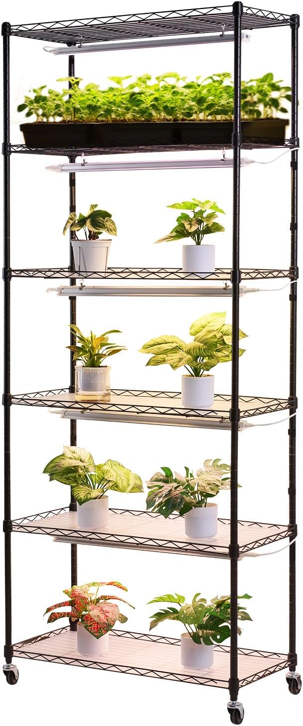 VEVOR Plant Shelf with Grow Light, 6-Tier Indoor Plant Stand, 71in Tall Plants Display Rack with Wheels & 4/9/14H Timer, 150W 3-Color Full Spectrum Grow Lights, Flower Pot Holder for Seed Starting